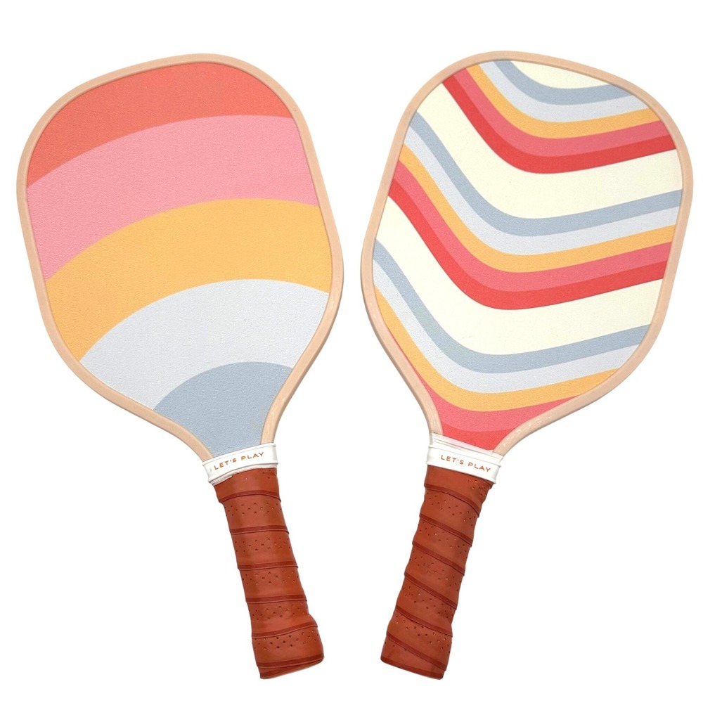 Sprypals Pickleball Paddles Set of 2 Retro Wavy Stripe Pink Orange Blue Cognac